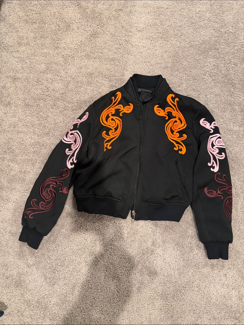 VERSACE Black Bomber Jacket with Pink & Orange Embroidered Accents